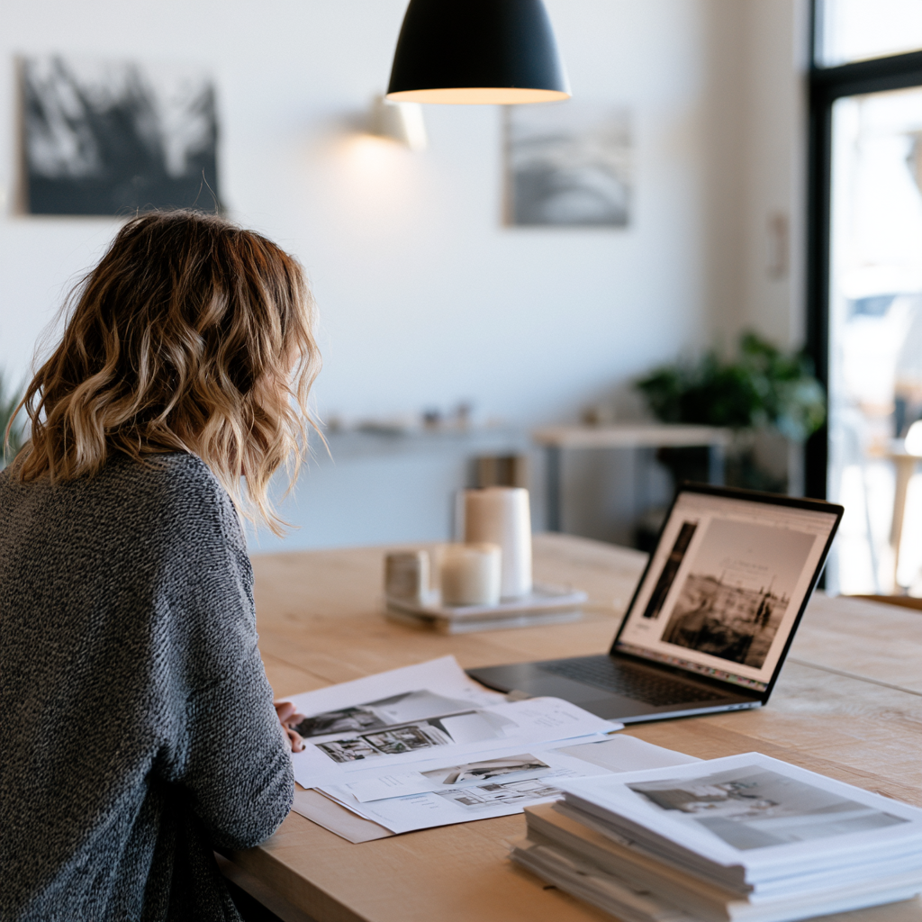 Small business owner reviewing printed brand materials and her website during a brand audit
